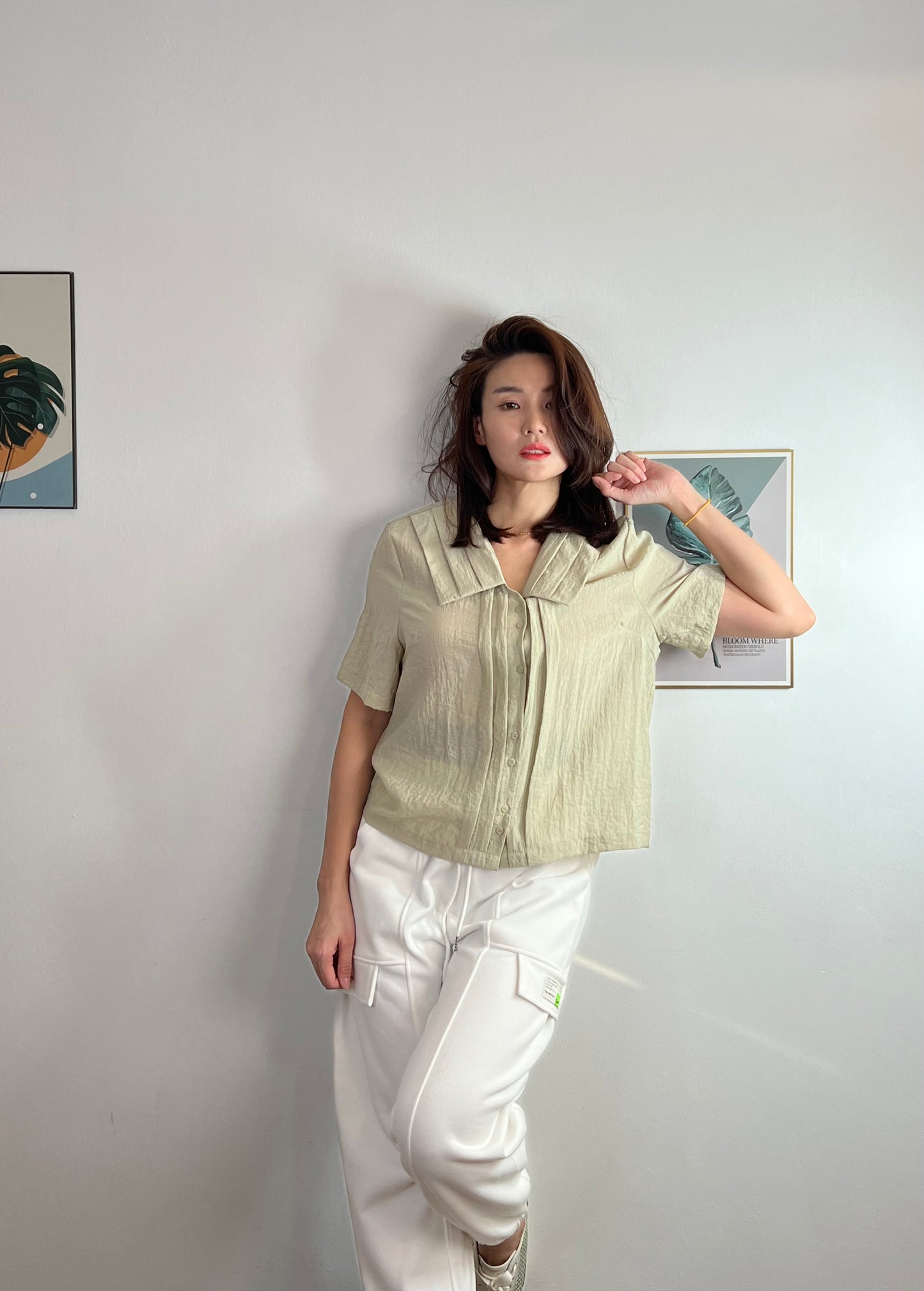 T4792 Korean-style Three Folds Short Sleeve Top