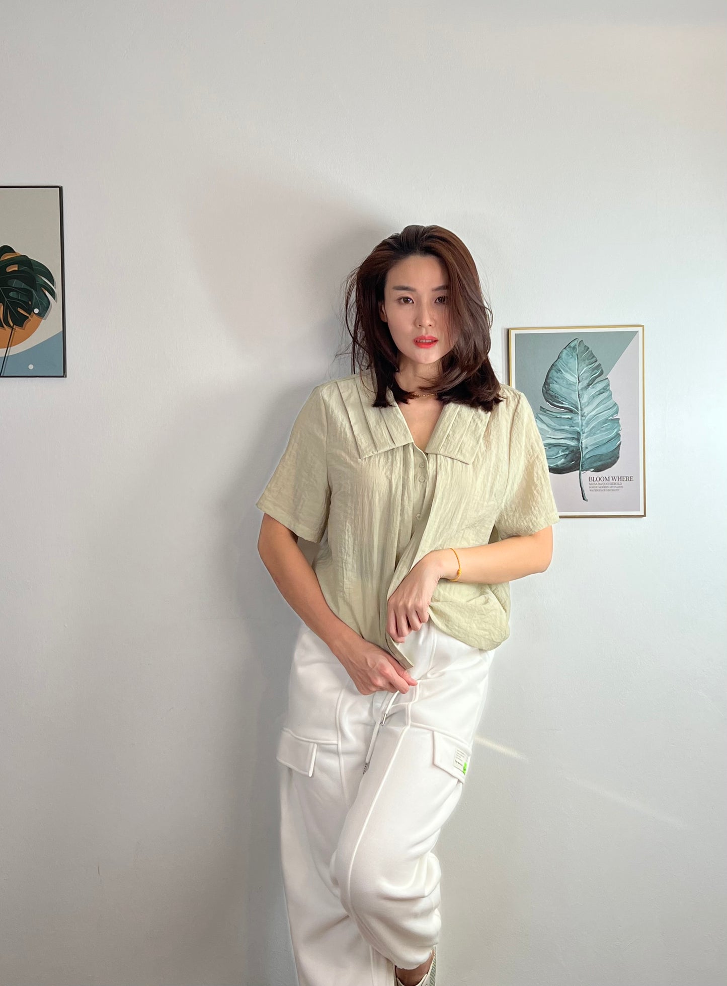 T4792 Korean-style Three Folds Short Sleeve Top