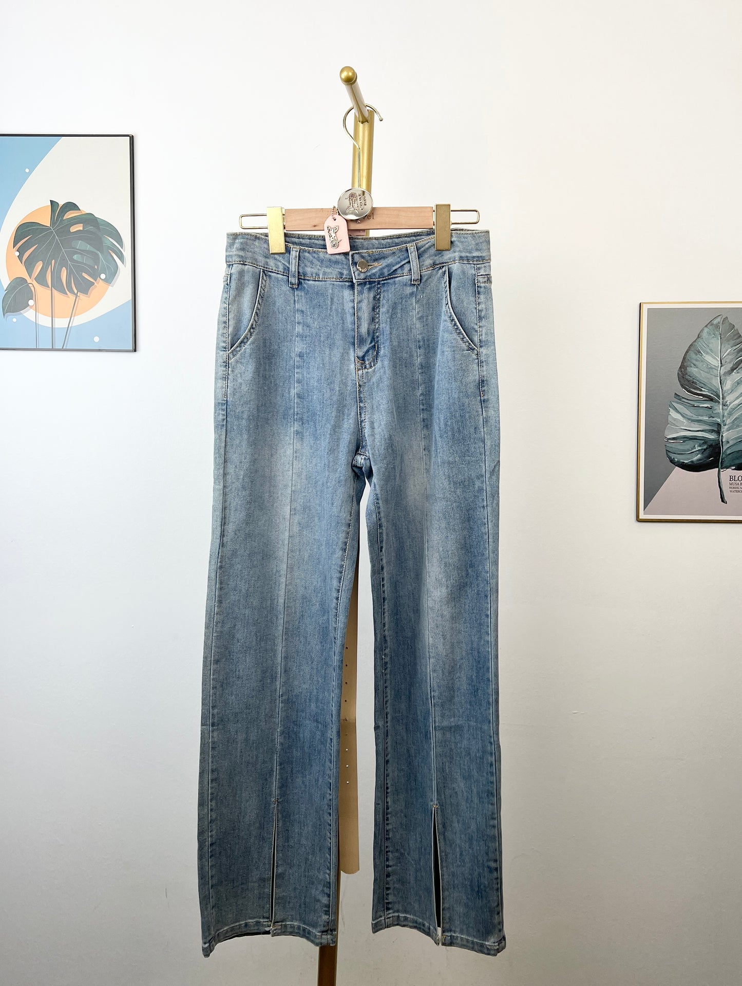 P4160 Long Blue Jeans With Pink Belt 天丝牛仔