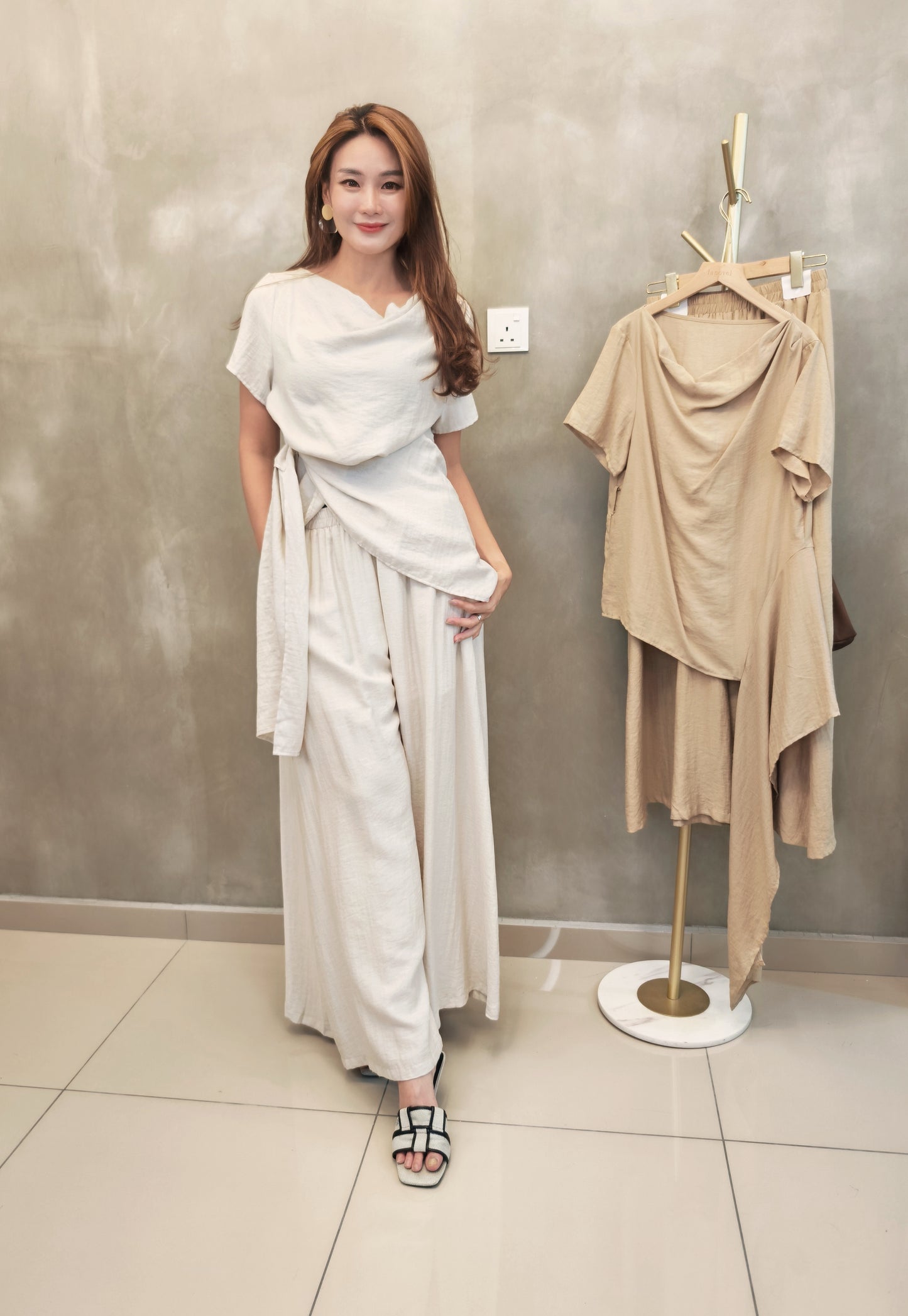 Z1162 0836 2pcs set 棉麻套装+ 随机項链 - Creamy