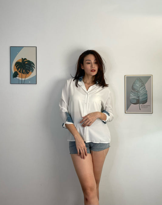 T5914 Denim Stitched Linen Long Sleeve Top