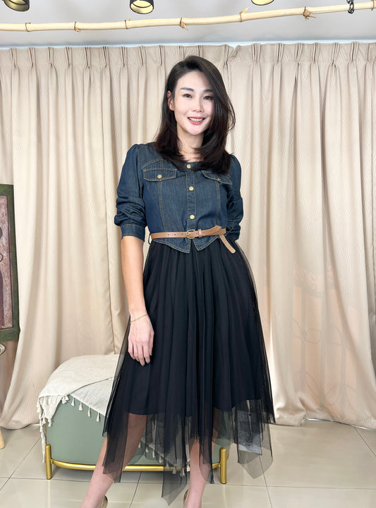 Lyc6291 牛仔拼接网纱 Long Sleeve Dress with belt