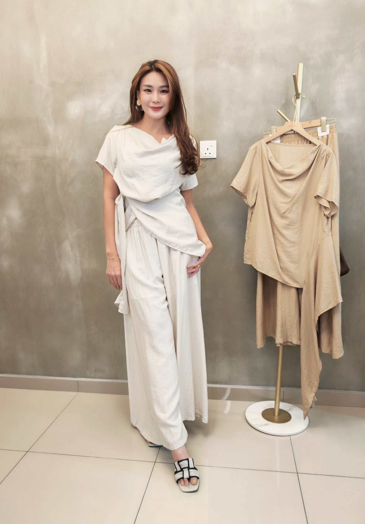 Z1162 0836 2pcs set 棉麻套装+ 随机項链 - Creamy