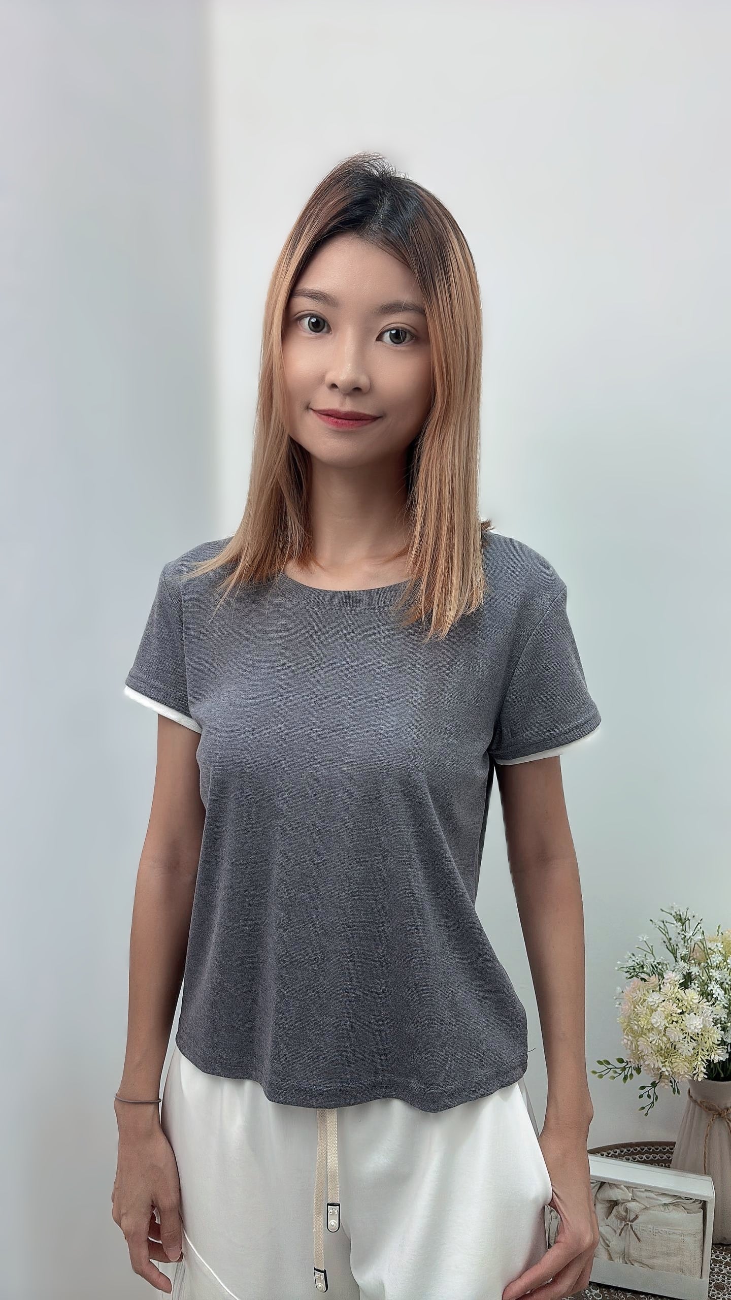 Z952 E31936 Top 撞色袖短袖T ～ grey