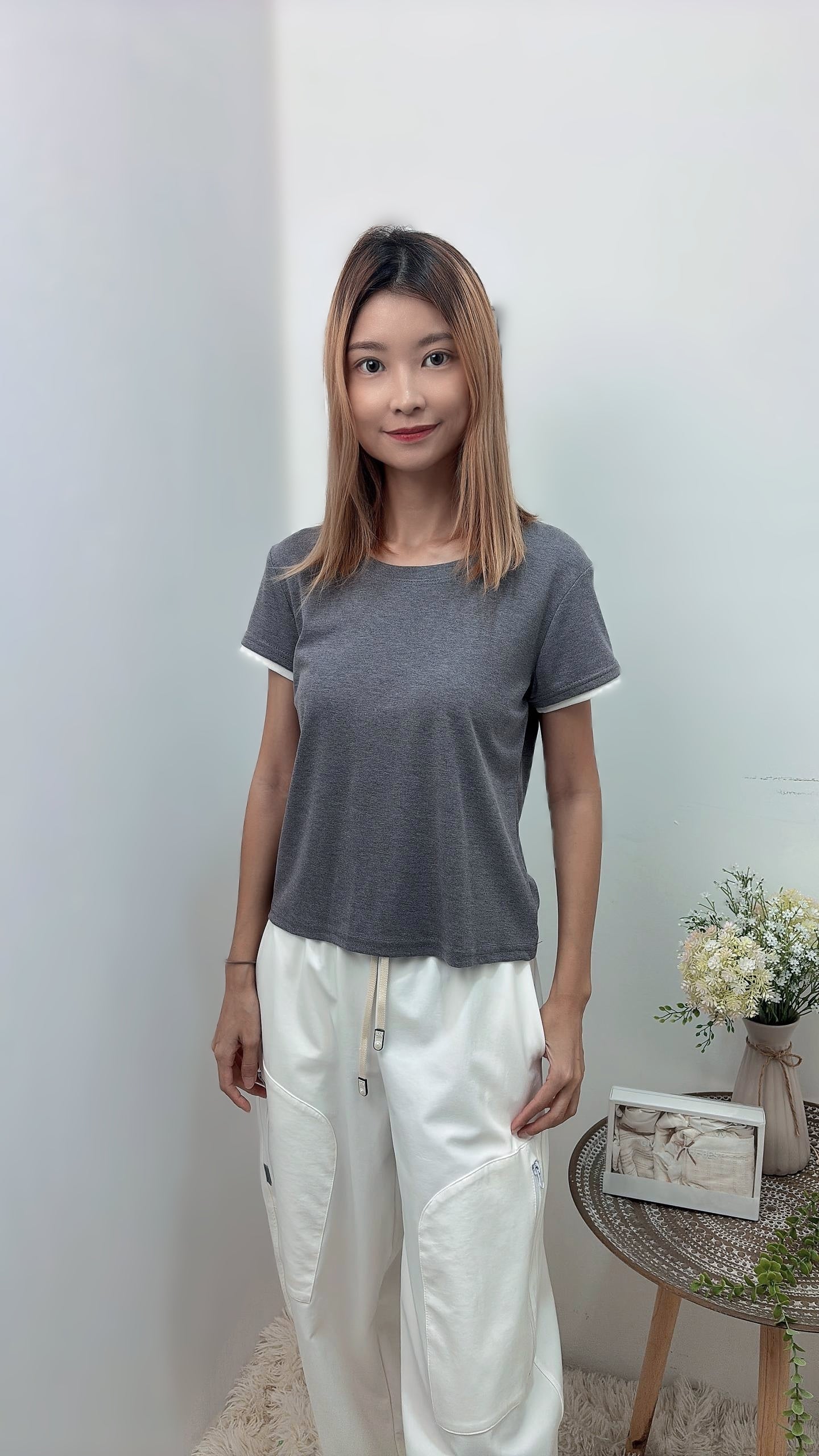 Z952 E31936 Top 撞色袖短袖T ～ grey